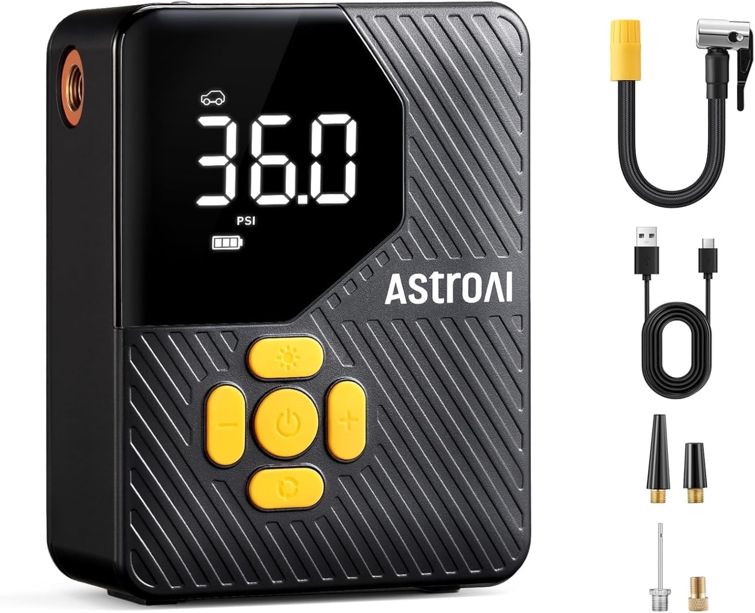 AstroAI Tire Inflator Portable Air Compressor,150 PSI Cordless Car Tires Air Pump with LED Lights&Pressure Gauge,Auto Shut-Off - Tire Pump for Auto,Motorcycle, Bicycle, Ball Yellow