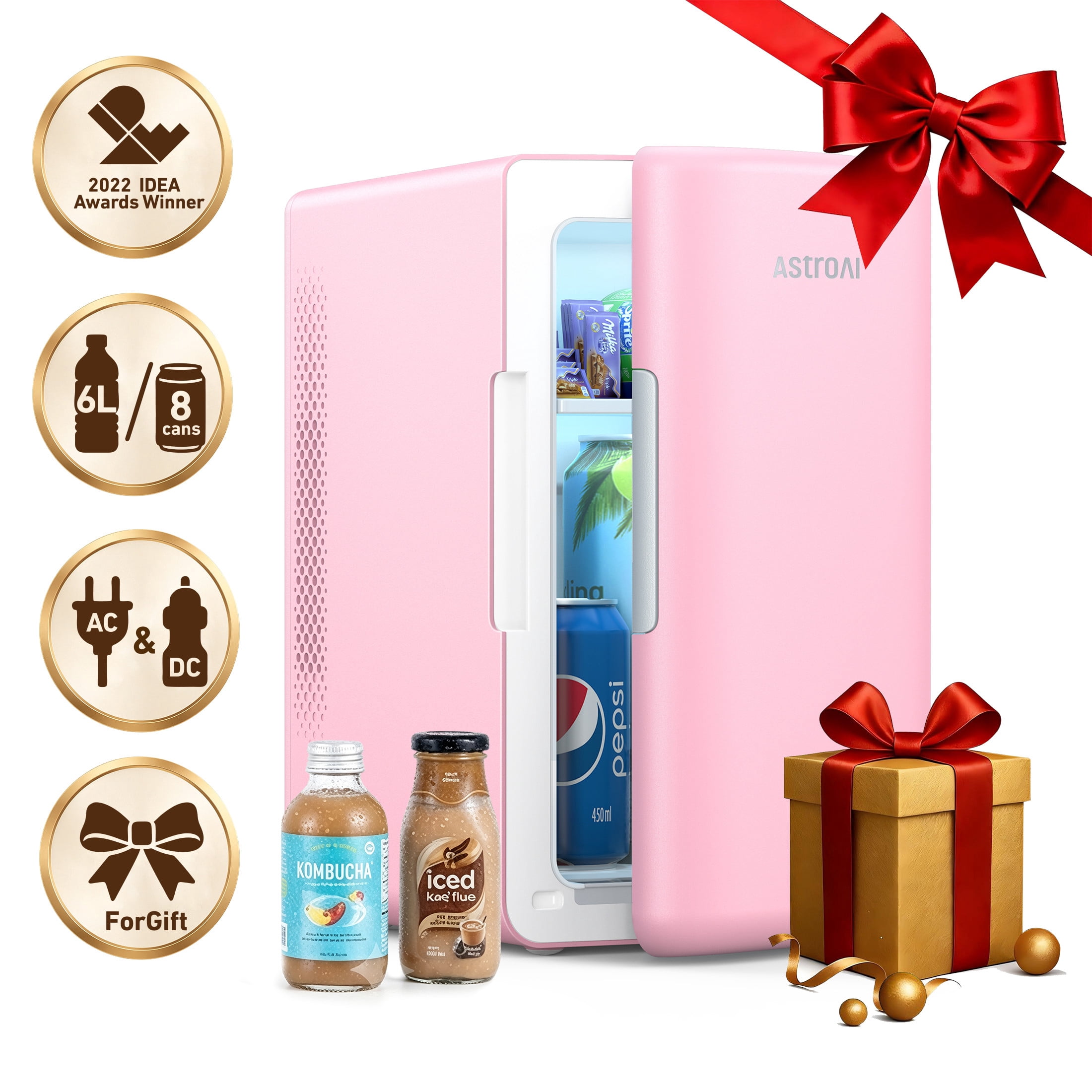 AstroAI Mini Fridge Pink 6L/8Can, Personal Refrigerator Skincare Fridge AC/DC, Energy Efficient Quiet, Portable Beverage Refrigerator Camping Cooler Warmer, for Travel/Office/Dorms/Bedroom/Car, Gift