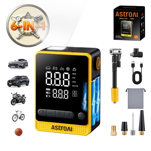 AstroAI Cordless Tire Inflator for Car & Bike 150PSI, 6-IN-1 Electric Bike Tire Pump 12s Fast Inflate, 6000mAh Portable Air Compressor Bicycle Pump Air Pump for Car Tires, Bicycles, Motorcycles