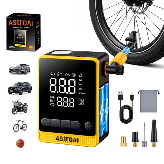 AstroAI Electric Bike Pump  12s Fast Inflate, Mini Bicycle Pump 150PSI Tire Inflator, Portable Air Compressor Rechargeable Air Pump Handheld Car Tire Pump for Car Tires, Bicycles, Bike, Motorcycles