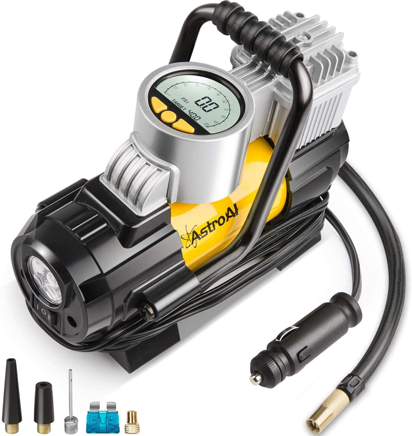 AstroAI Portable Air Compressor Pump Digital Tire Inflator 100 PSI 12V DC with LED Light Yellow