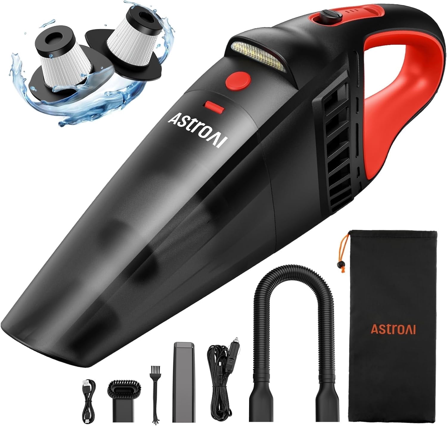 AstroAI Red Handheld Cordless Car Vacuum: 12V DC Power, LED Light & Accessories (Brush, Extended Pipe, Hose) – Portable for Car, Home, Office & Pet Hair