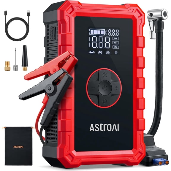 AstroAI S8 Air Jump Starter with Air Compressor, 1500A Peak Car Battery Jump Starter Portable (6.0 Gas/3.0L Diesel) with 150PSI Cordless Auto-Shutoff Tire Inflator, 12V Battery Charger Booster(Red)