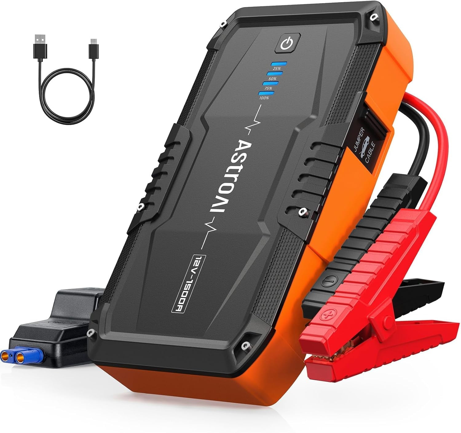 AstroAI S8 Orange Car Jump Starter: 1500A Peak for 6.0L Gas/3.0L Diesel, 12V Portable Battery Pack with 3-Mode Flashlight & Jumper Cables