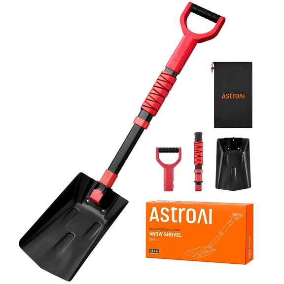 AstroAI Snow Shovel with Metal Thickened Aluminum Handle, 38.4" Folding Extendable Snow Removal Winter Tool for Car Driveway, Outdoor, Black