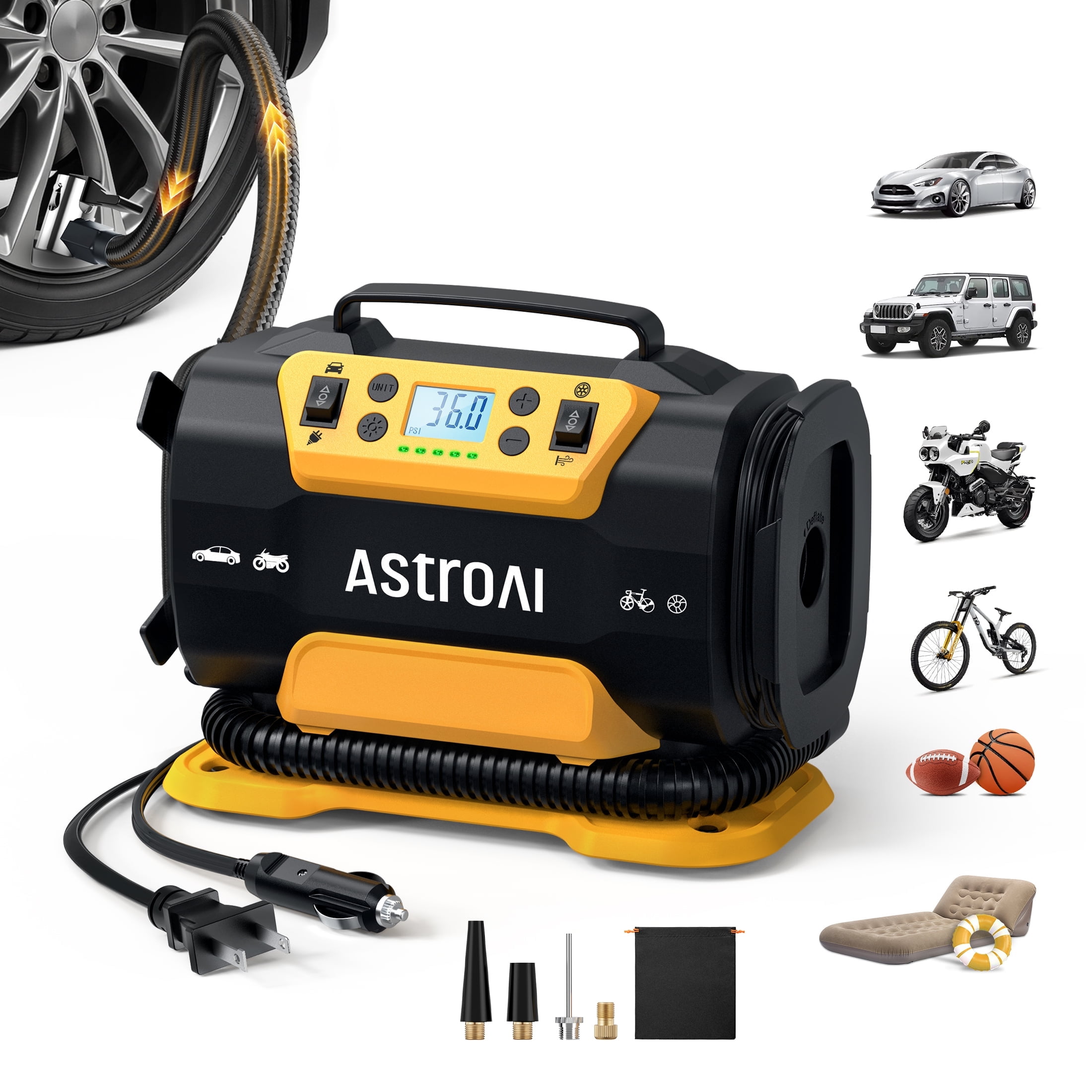 Walmart Black Friday Deals 2025 - AstroAI Tire Inflator Air Compressor Portable Electric Pump, 150 PSI Air Pump with Dual Metal Motors Dual Power Sources 12V DC/110V AC for Car Bicycle Motorcycle Ball Air Mattress, for Gift