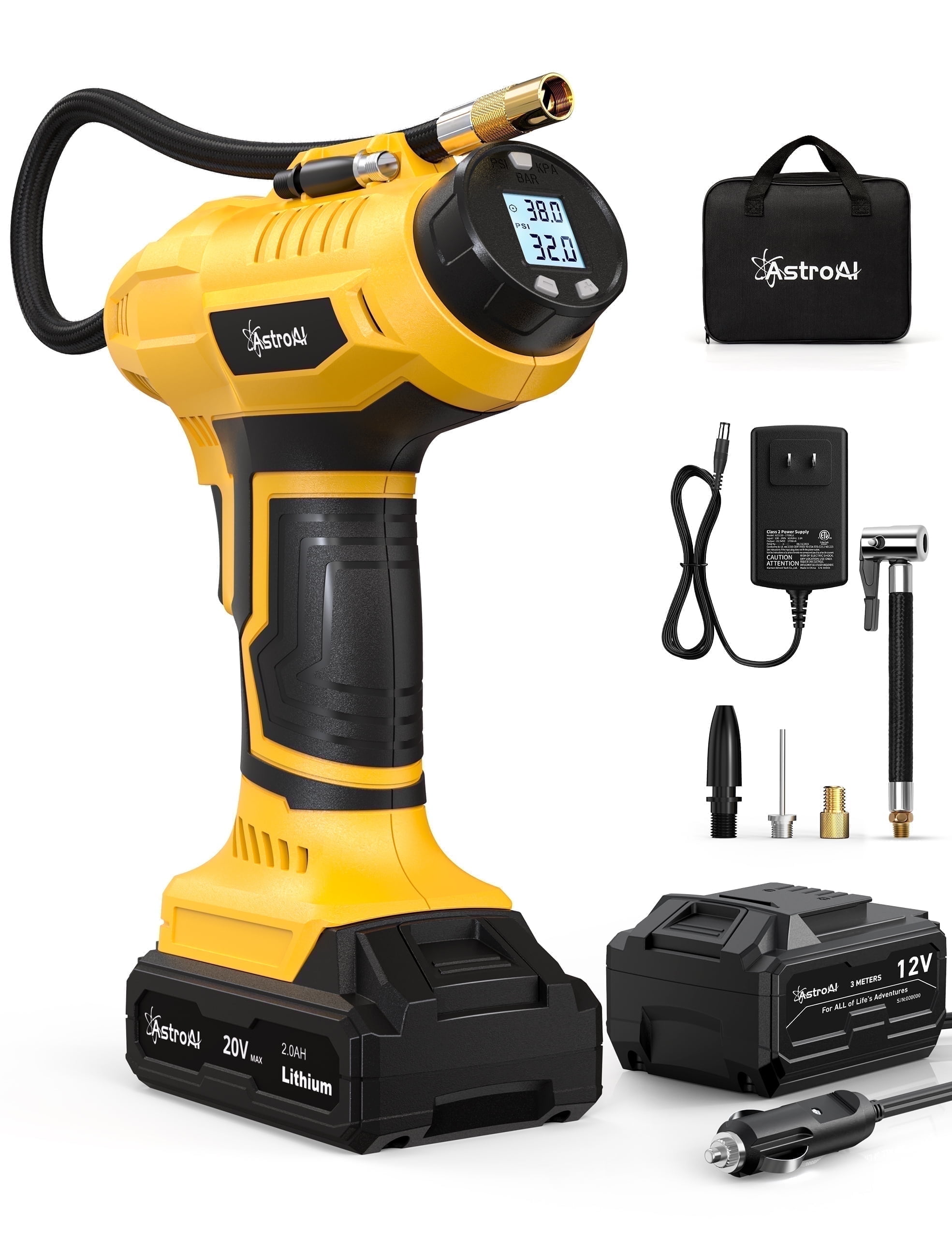 AstroAI 20V Rechargeable Battery Powered 160PSI Portable Handheld Air Pump with 12V Car Power Adapter Digital Pressure Gauge - Digital tire inflator