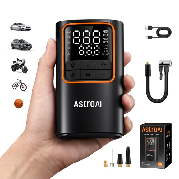 AstroAI Tire Inflator, L7Pro Portable Cordless Air Compressor 150 PSI Digital Pressure Gauge Bike Pump with Digital Dual Values Display, Car Tires Pump with LED Lights Air Pump for Cars