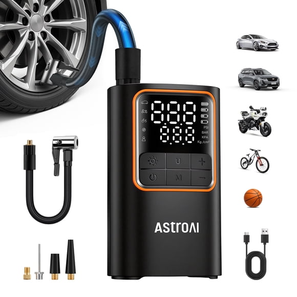 AstroAI Tire Inflator, L7Pro Portable Cordless Air Compressor 150 PSI Digital Pressure Gauge Bike Pump with Digital Dual Values Display, Car Tires Pump with LED Lights Air Pump for Cars