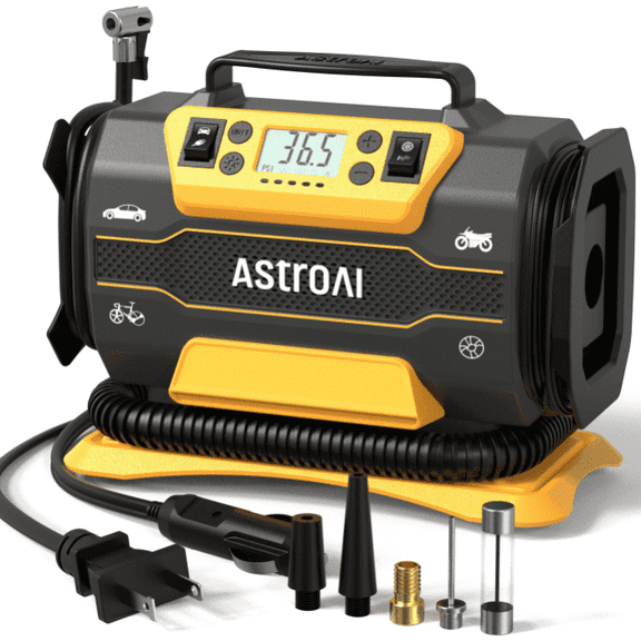AstroAI Tire Inflator for Car & Home 12V DC/110V AC, Air Tire Pump with Dual Metal Motors, Auto Shut-off LED Light