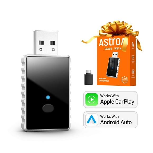 AstroAI Wireless Carplay Adapter, 2 in 1 Apple CarPlay and Android Auto Adapter Convert Wired to Wireless, Plug & Play for iOS 10+ & Android 11+, with Glass Panel, Metal Materials, Black, for Gift
