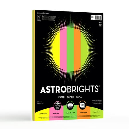 Astrobrights 5- Color Color Paper Pack, 8.5" x 11", 24 lb./89 Gsm, Neon Assortment, 100 Sheets, All Ages