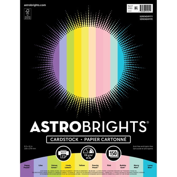 Astrobrights Bright Pastel Colored Cardstock, 8.5" x 11", 65 lb/176 Gsm, Serendipity, 150 Sheets