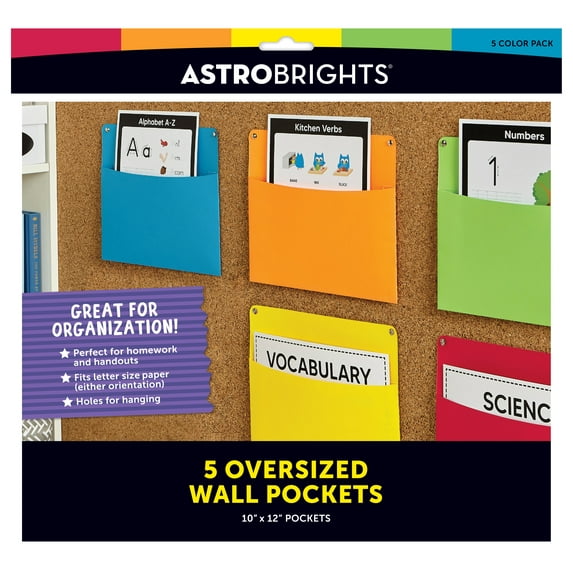 Astrobrights Classroom Color Wall Pockets, 12" x 10", Assorted Colors, 5 Count, Cardstock, 65 lb/176 Gsm, Blue, Red, Yellow, Green, Orange