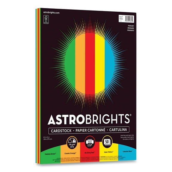 Astrobrights Color Cardstock, 65 Lb Cover Weight, 8.5 X 11, Assorted Primary Colors, 50/pack