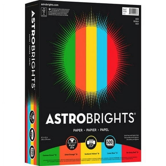 Astrobrights Color Paper, 24 lb, 8.5 x 11, Assorted Eco Colors, 500 Sheets/Ream (24447814)