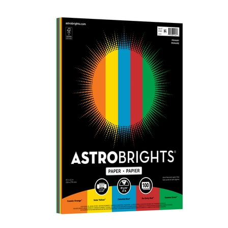 Astrobrights Paper, 8.5" x 11", 24 lb./89 Gsm, Primary Colors, 100 Sheets