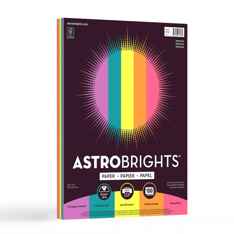 Astrobrights Color Paper, 8.5 x 11, 24 lb./89 Gsm, Tropical Assortment,  100 Sheets