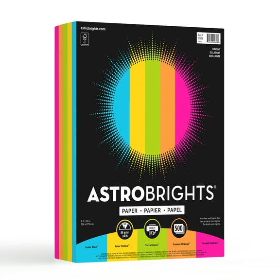 Astrobrights Color Paper, 8.5” x 11”, 24 lb./89 gsm, Bright Assortment, 500 Sheets