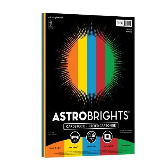 Astrobrights Color Cardstock, 8.5" x 11", 65 lb./176 gsm, Primary Assortment, 50 Sheets