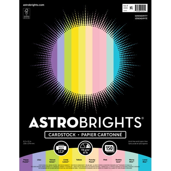 Astrobrights Bright Pastel Colored Cardstock, 8.5" x 11", 65 lb/176 Gsm, Serendipity, 150 Sheets