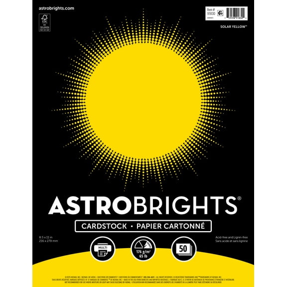 Astrobrights Colored Cardstock, 8.5" x 11", 65 lb./176 Gsm, Solar Yellow, 50 Sheets