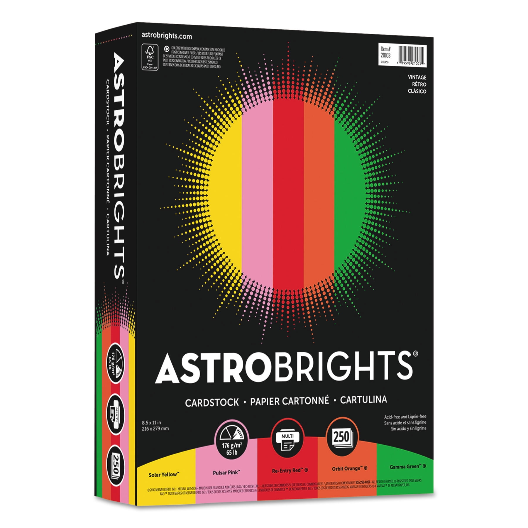 Astrobrights Colored Cardstock, 8.5" x 11", 65 lb./176 Gsm, Multicolor Vintage, 250 Sheets