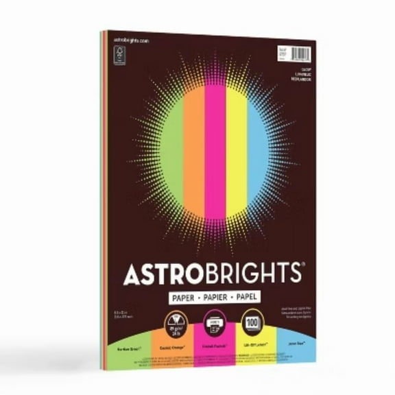 Astrobrights Colored Paper 8.5" x 11" 24lb 100ct Glow: Neon Multicolor Matte Printer Paper, 94 Brightness, 20lb Weight