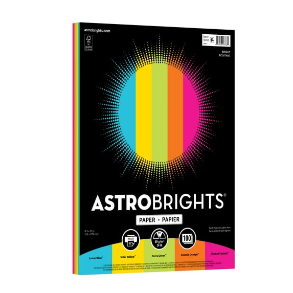 Astrobrights Bright Paper, 8.5 x 11", 24 lb/89 Gsm, 5-Colors, 100 Sheets, Item 98768