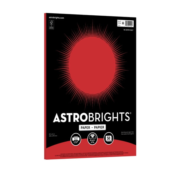 Astrobrights Colored Paper, 8.5" x 11", 24 lb./89 Gsm, Re-Entry Red, 50 Sheets