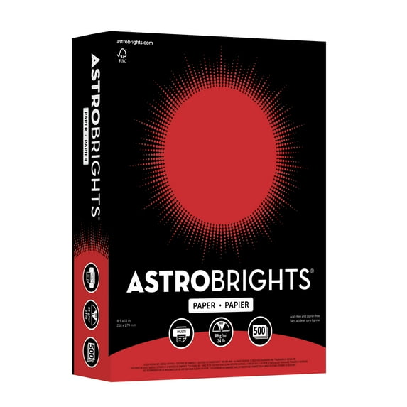 Astrobrights Red Paper, 8.5" x 11", 24 lb/89 Gsm, Re-Entry Red, 500 Sheets (21558-01)