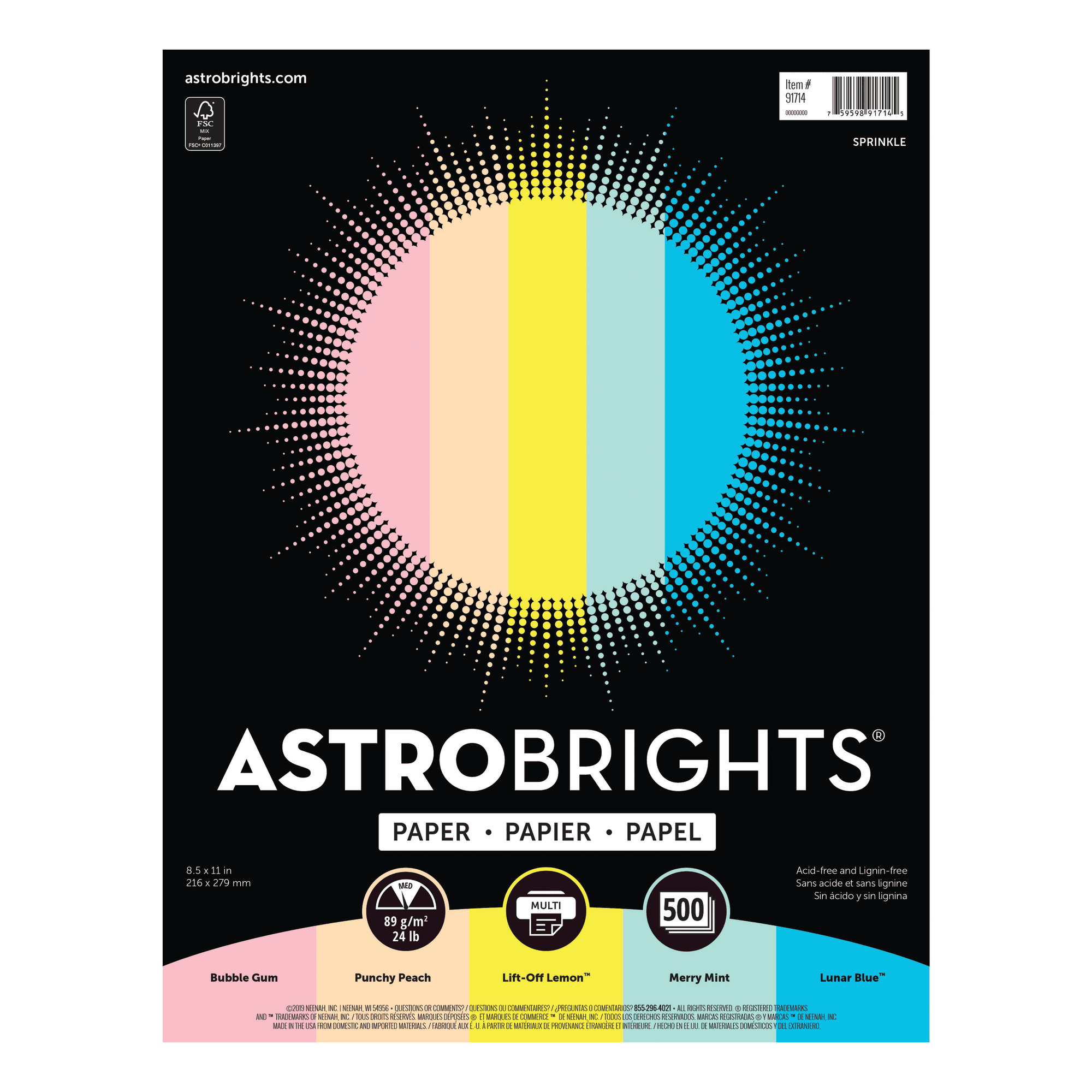 Astrobrights Colored Paper, 8.5" x 11", 24 lb./89 gsm, Sprinkle Assortment, 500 Sheets
