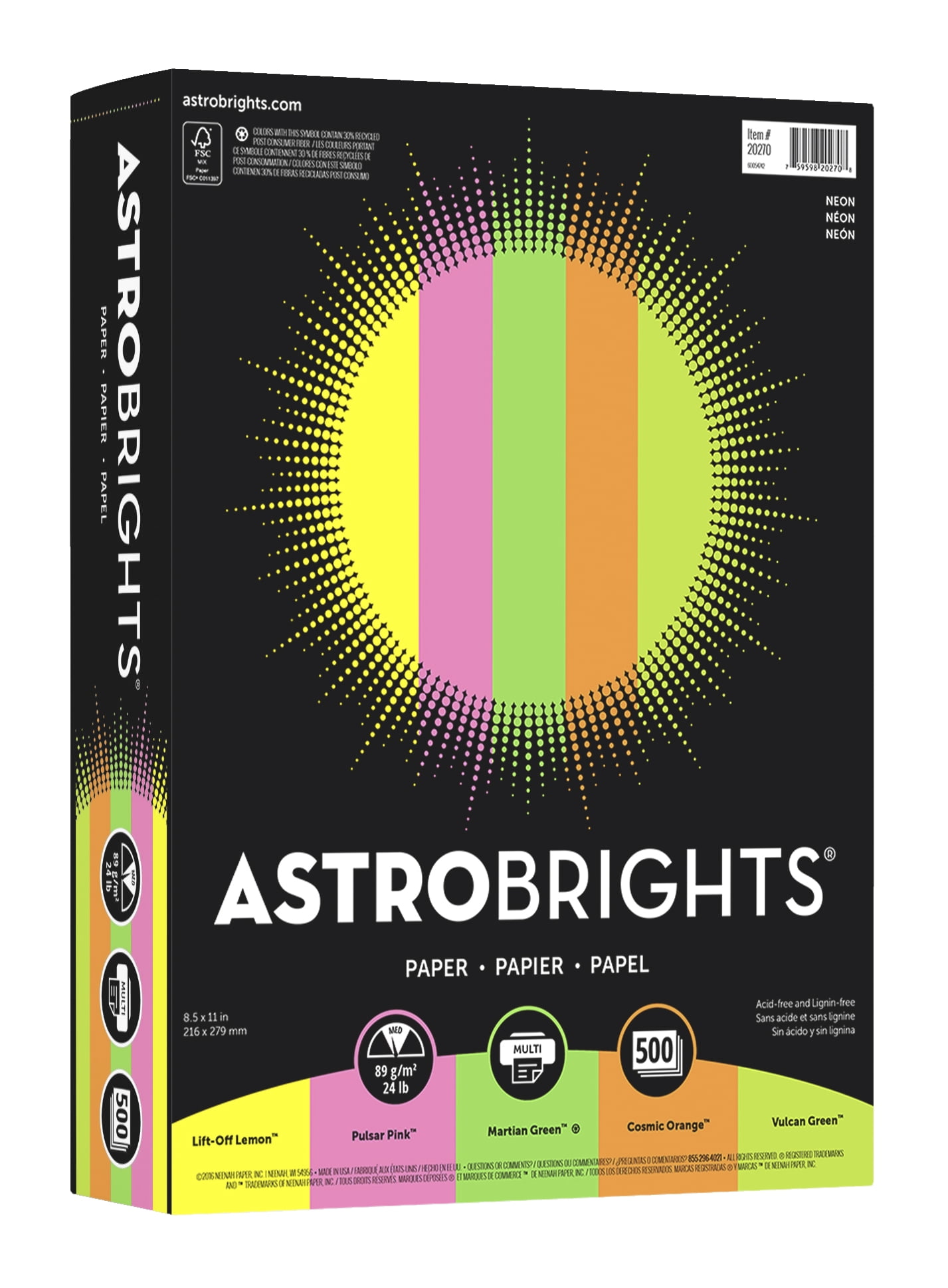 Astrobrights Colored Paper, 8.5" x 11", 24 lb/89 gsm, Neon Assortment, 500 Sheets