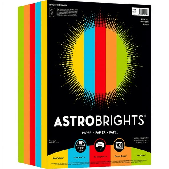 Astrobrights® Everyday Smooth Color Paper, Letter Size (8 1/2" x 11"), 24 Lb, Assorted Colors, Ream Of 250 Sheets