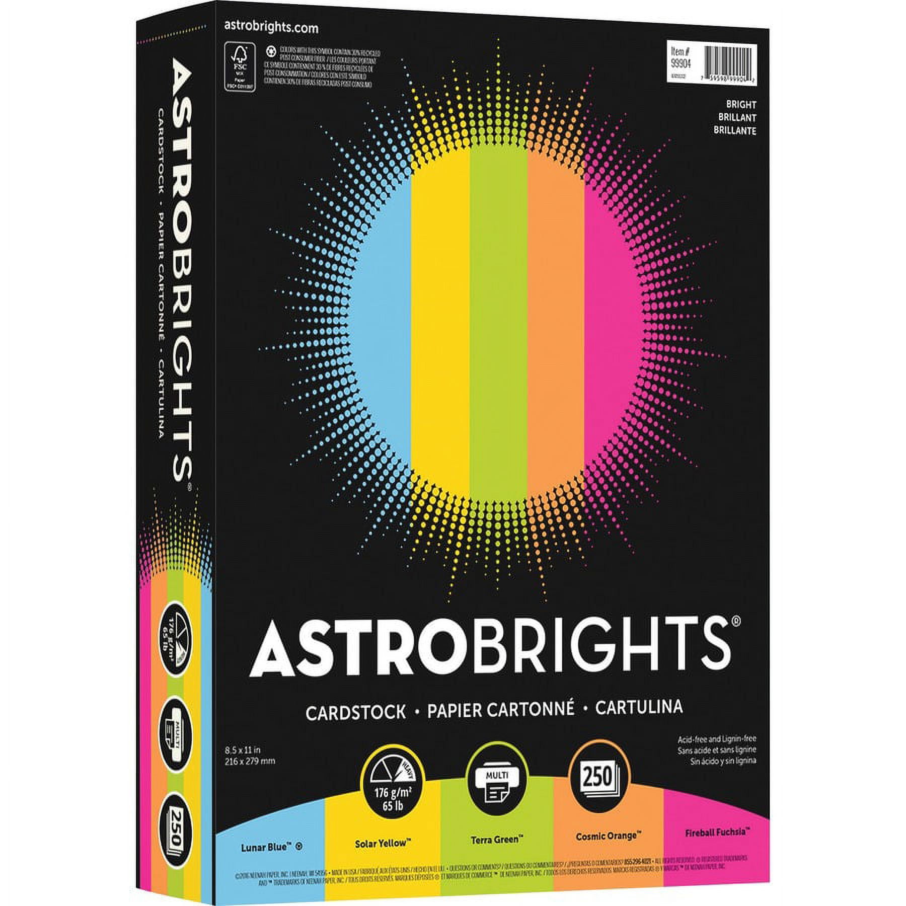 Astrobrights Laser, Inkjet Printable Multipurpose Card Stock - Lunar Blue, Solar Yellow, Terra Green, Fireball Fuschia, Cosmic Orange - Recycled - 30% | Bundle of 2 Packs