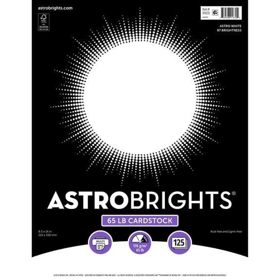 Astrobrights Legal Size Cover Cardstock, 8.5" x 14", 65 lb./176 Gsm, 97 Brightness, Bright White, 125 Sheets