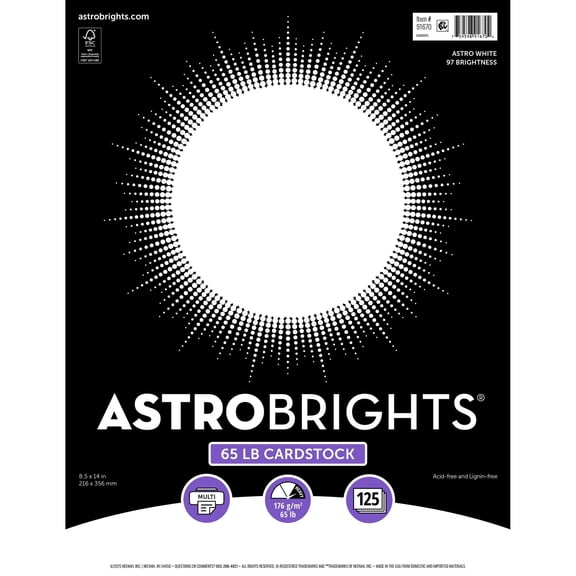 Astrobrights Legal Size Cover Cardstock, 8.5" x 14", 65 lb./176 Gsm, 97 Brightness, Bright White, 125 Sheets
