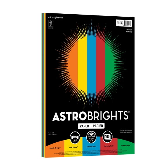 Astrobrights Paper, 8.5" x 11", 24 lb./89 Gsm, Primary Colors, 100 Sheets, Craft Paper