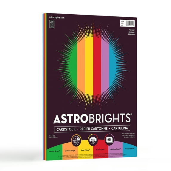 Astrobrights Primary Card Stock, Assorted Colors, 8.5” x 11”, 60 Sheets