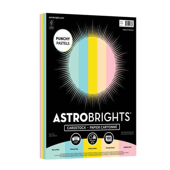 Astrobrights Colored Cardstock, Punchy Pastel Assortment, 65 lb., 8.5" x 11", 100 Sheets