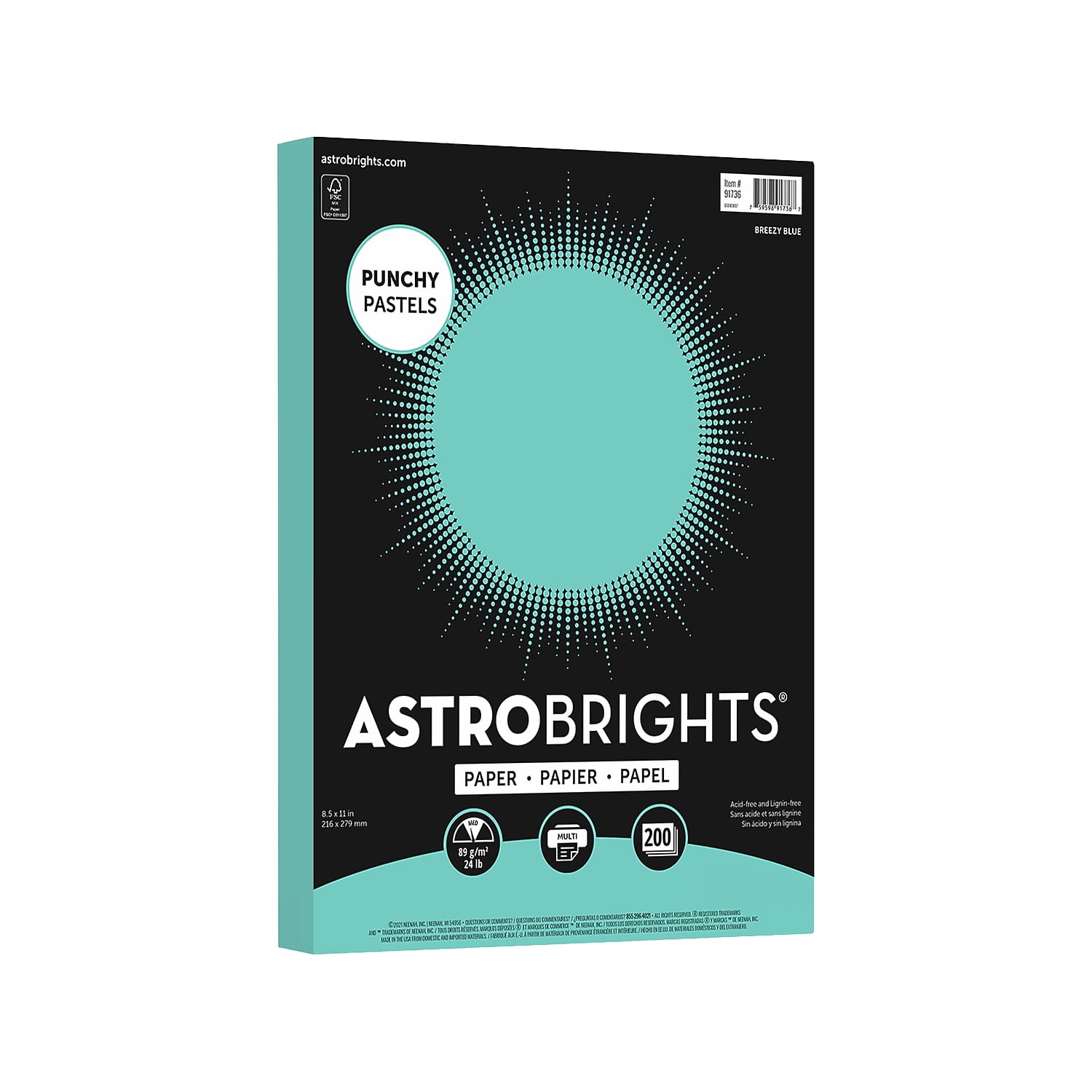 Astrobrights Punchy Pastels Colored Paper 24 lbs. 8.5" x 11" Breezy Blue 200 Sheets/Pack 91736