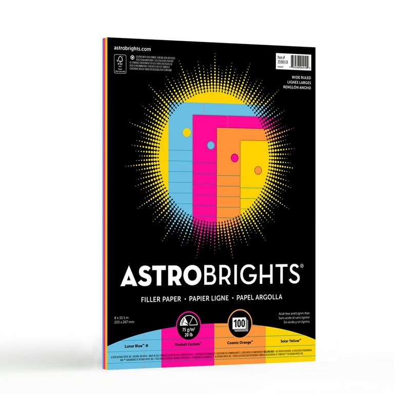Astrobrights Wide Ruled Filler Paper, 4-Color Assortment, 100 Sheets per  Pack, 20 lb Paper, Blue, Pink, Yellow, Orange