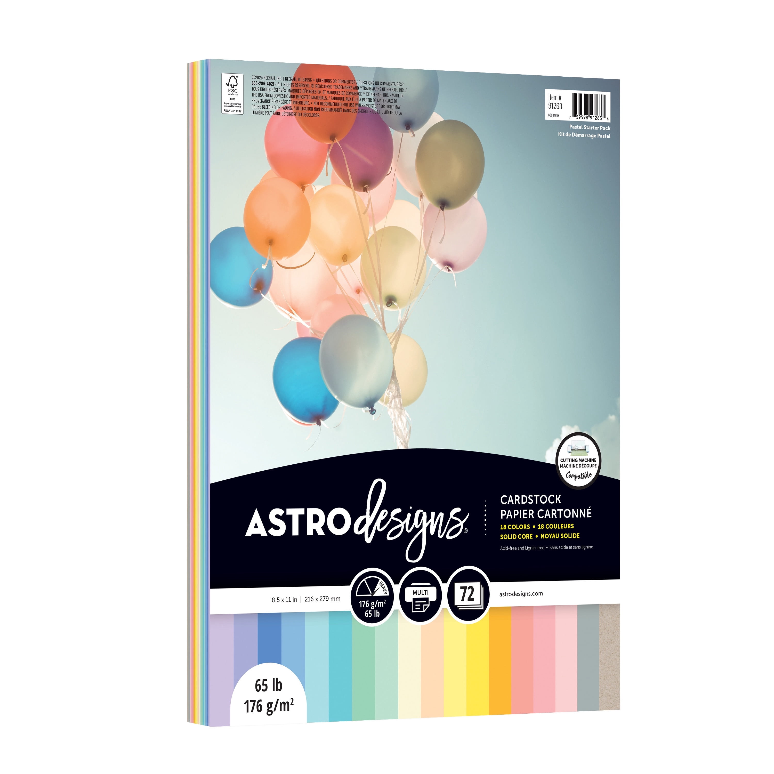 Astrodesigns Cardstock, Pastel 18-Color Starter Pack, 8.5" x 11", 65 lb./176 Gsm, 72 Sheets (91263)
