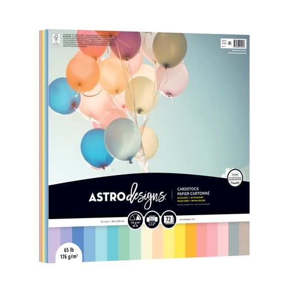 Astrodesigns Pastel Colored Cardstock Starter Pack, 12" x 12", 65 lb/176 Gsm, 18-Colors, 72 Sheets