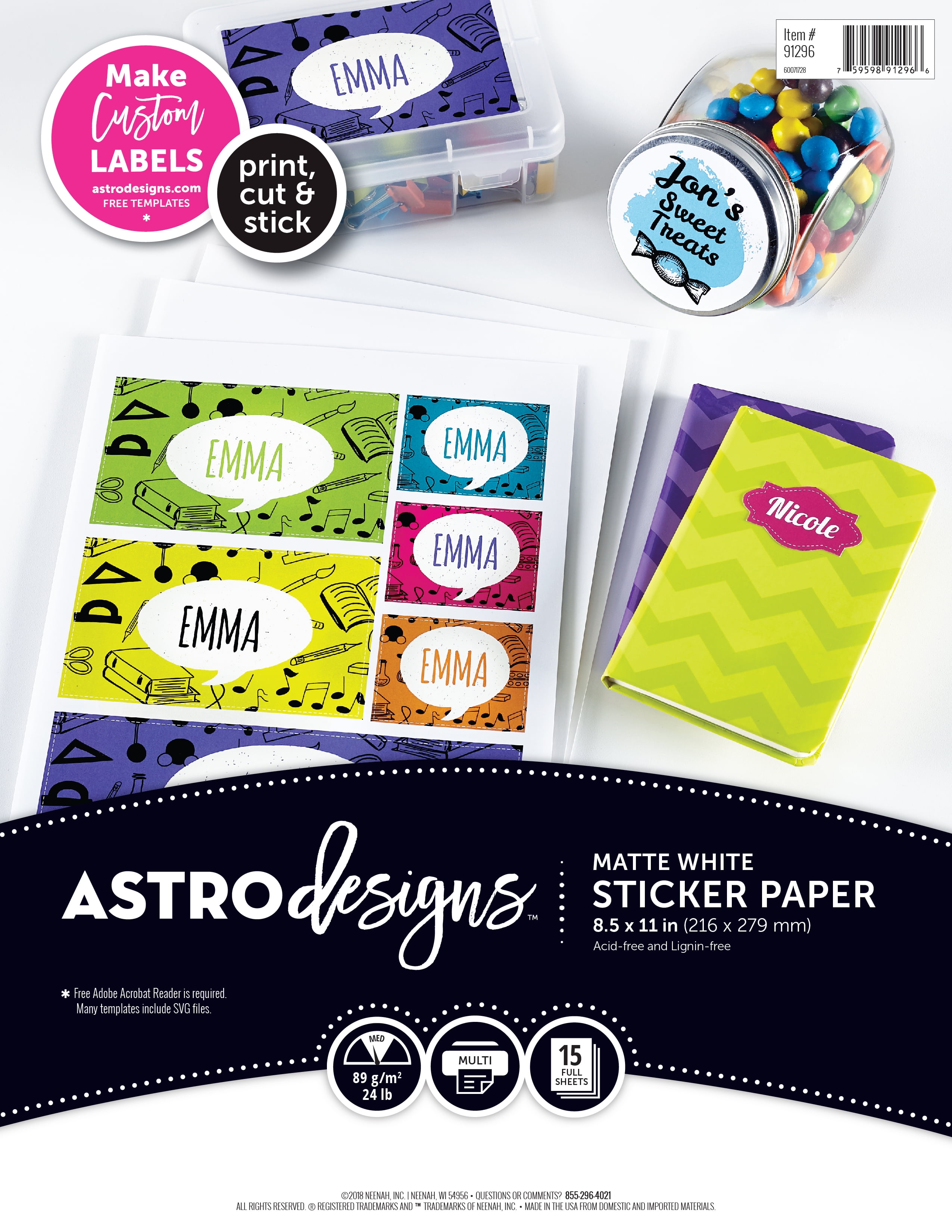 Astrodesigns Sticker Paper, 8.5 x 11, 24 lb., Matte Finish, White, 15  Sheets 