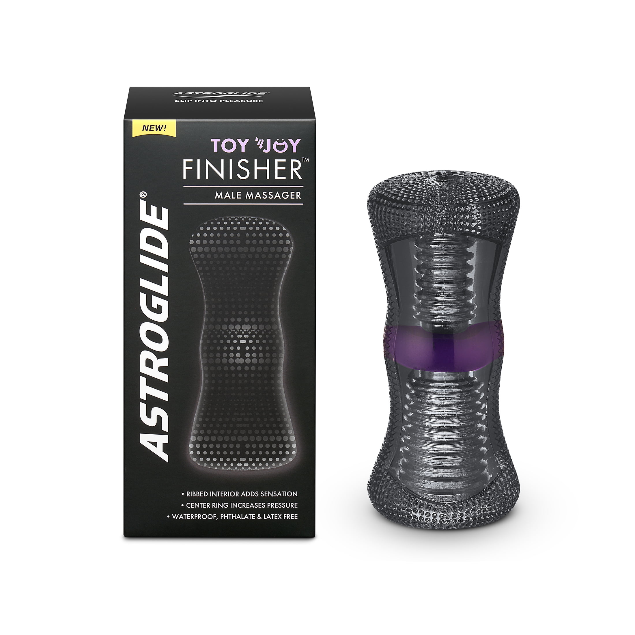 Astroglide Toy n Joy Finisher Male Masturbator and Stroker Dual Entrance Male Sex Toy Easy to Hold Ribbed Interior Phthalate Latex Free