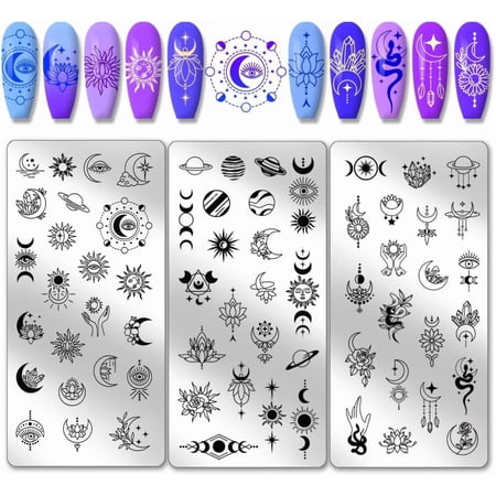 Astrolabe Nail Stamping Plates - 3pcs Moon Star Planet Nail Stamper Art Stencils Stainless Steel Plates for Manicure Salon Gray