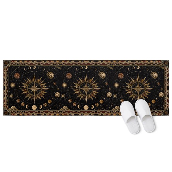 Astrological 2 Pieces Non-Slip Kitchen Mat Set, Ring of Moon Phases Amber Gold Planets Goth Esoteric Soft Door Mat with Rubber Backing, Dirtproof Rugs for Entrance Doorway, 23.6 x 70.9in