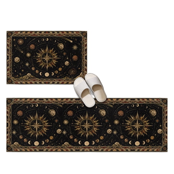 Astrological 2 Pieces Non-Slip Kitchen Mat Set, Ring of Moon Phases Amber Gold Planets Goth Esoteric Soft Door Mat with Rubber Backing, Dirtproof Rugs for Entrance Doorway, 23.6x35.4in+23.6x70.9in