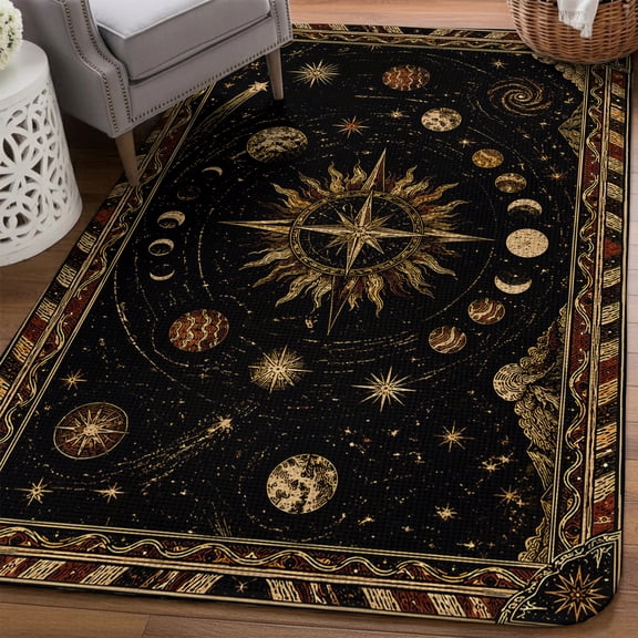 Astrological Area Rugs for Living Room 5x6, Ring of Moon Phases Amber Gold Planets Goth Esoteric Washable Area Rug Non Slip, Stain Resist Linen Carpet for Bedroom, Dining Room, Entryway, Entrance